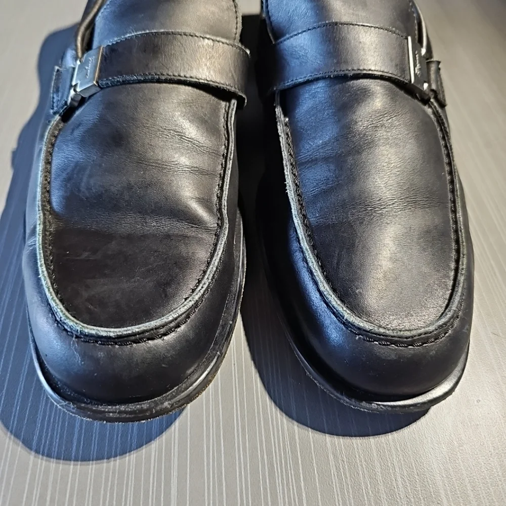 Salvatore Ferragamo Black Leather Loafers Buckle Strap Men's 9D Good‎ Condition